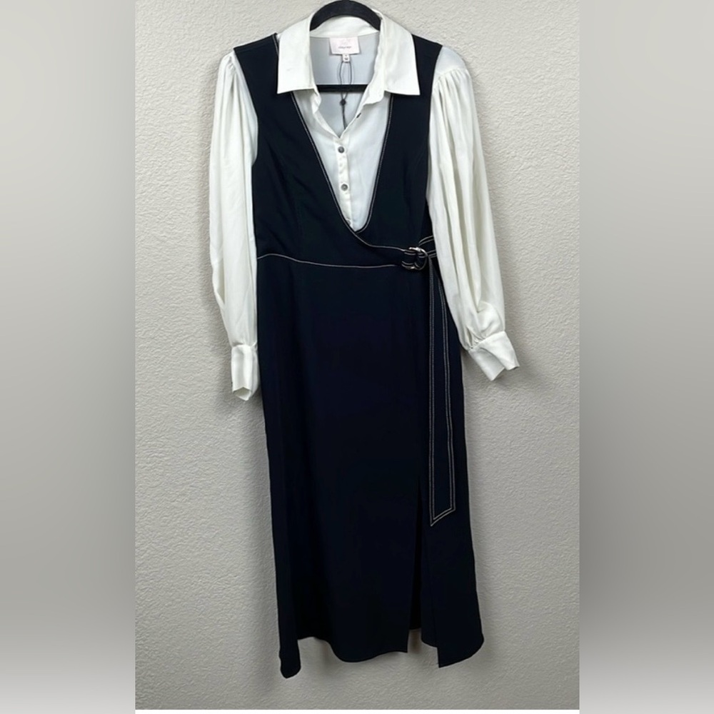 New Cinq a Sept Ambre Belted Midi Combo Crepe Shirt Dress Black White Sz 8 - Picture 4 of 10
